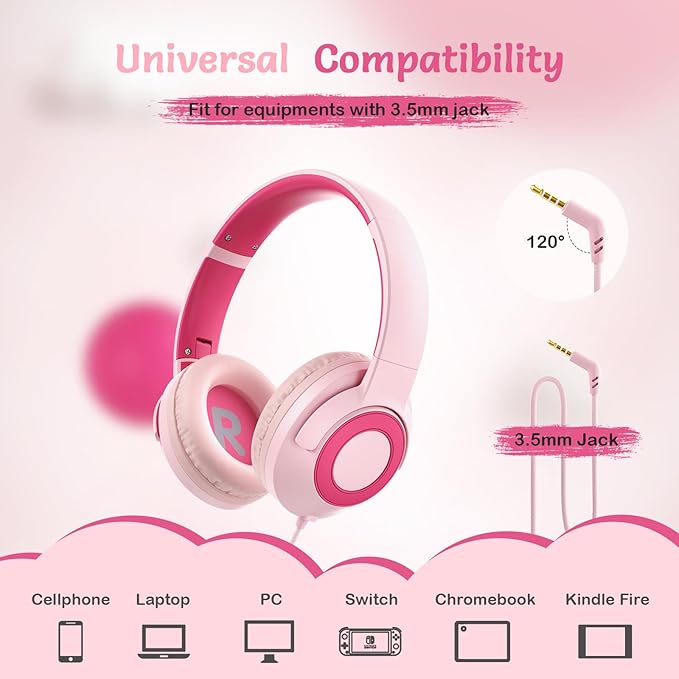 Kids Wired Headphones with Microphone, Volume Limited to 85/94dB, Foldable 3.5mm Jack Headset for Girls, Pink Over-Ear Headphones for School, Study & Travel, Includes Carry Case（Pink）