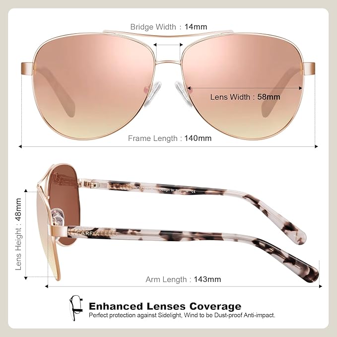 CARFIA Polarized Sunglasses for Women UV Protection Acetate Arms Metal Frame Woman's Shades CA3216