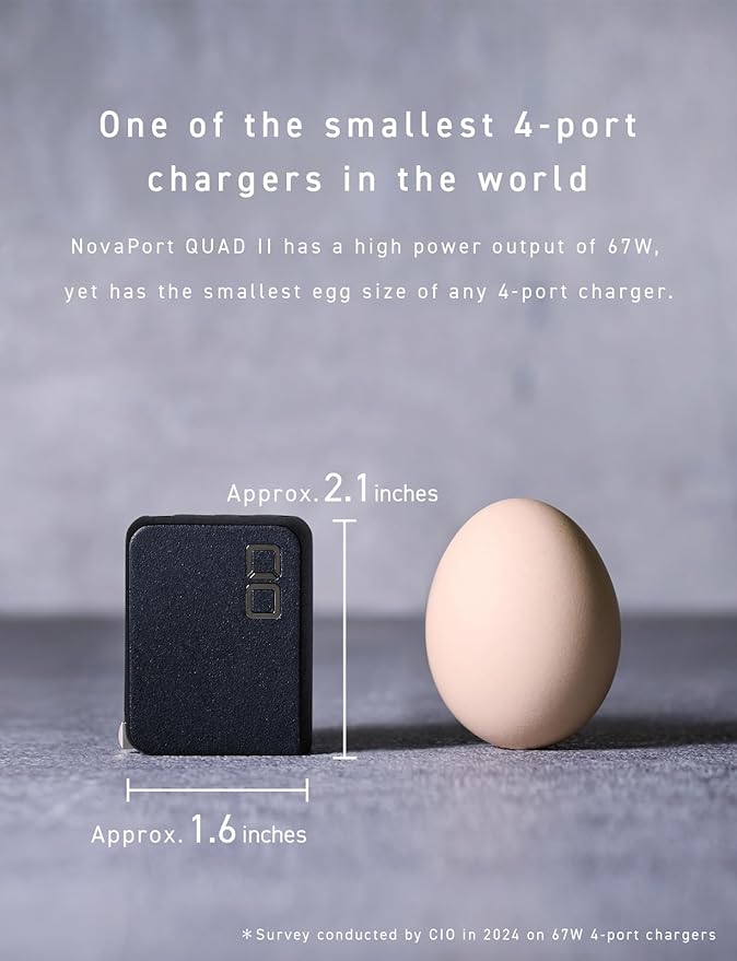 CIO 65W GaN Charger Block, Compact 4-Port Adapter with 3 USB-C Ports & 1 USB-A, Max 67W USBC Fast-Charging Multi-Device Wall Charger Block for Laptop/Phone/Tablet, NovaPort Quad II 67W3C1A (Black)