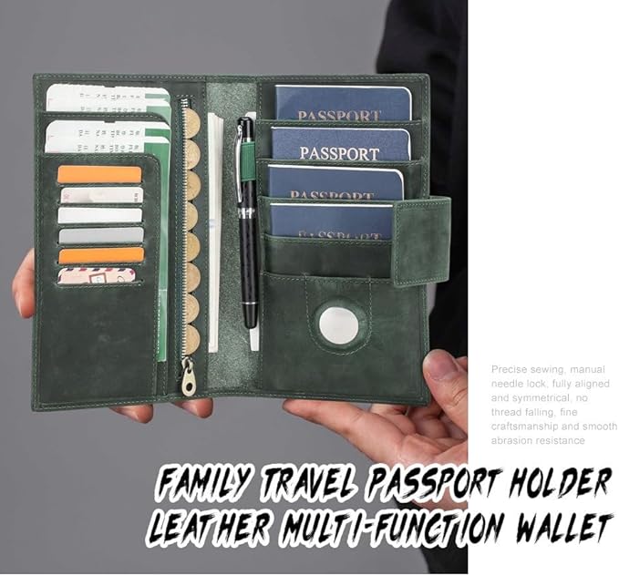 Unisex Genuine Leather Wallet Retro Crazy Horse Leather RFID Blocking Family Travel Passport Holder Slot (Green)