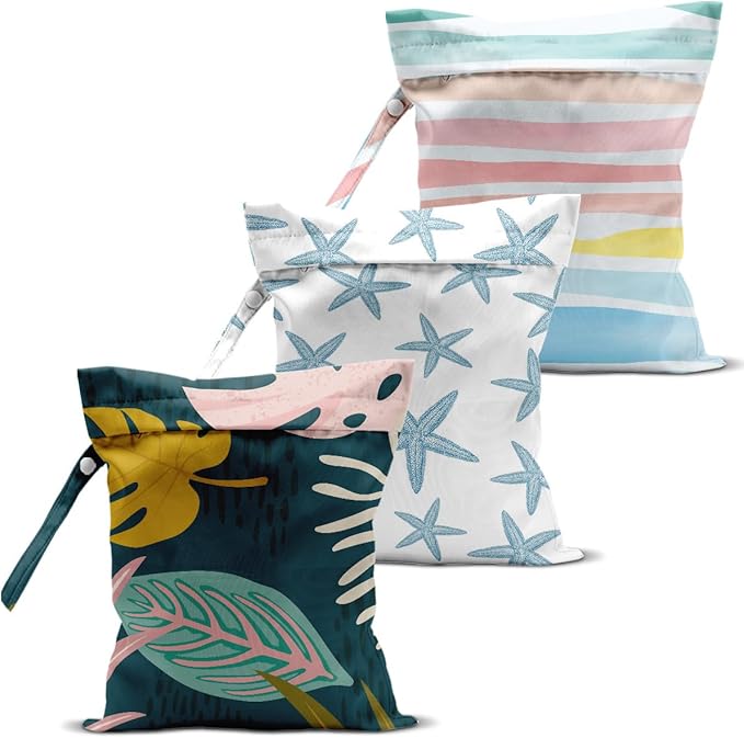 3 Pcs Wet Bag, Wet Dry Bag, Waterproof Bag, Small Laundry Bag, Wet Bag for Pool, Beach, Swimsuit, Makeup Bag, Diapers, Cruise Ship Essentials, Leaves Beach Accessories Travel for Women