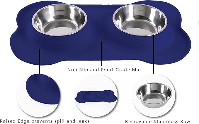Hubulk Pet Dog Bowls 2 Stainless Steel Dog Bowl with No Spill Non-Skid Silicone Mat + Pet Food Scoop Water and Food Feeder Bowls for Feeding Small Medium Large Dogs Cats Puppies (Large, Navy Blue)