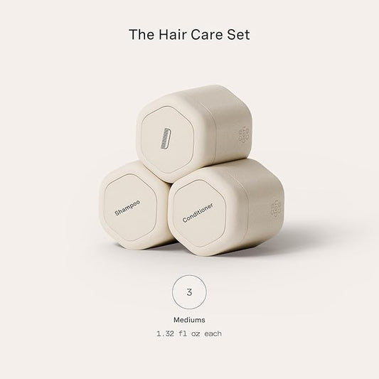 Cadence Travel Containers Haircare Capsule Set - Magnetic Containers with Lids,Carry On Travel Essentials For Women/Men - 3 Flex Mediums (1.32oz) - Shampoo, Conditioner & Comb Icon Labels - Sand