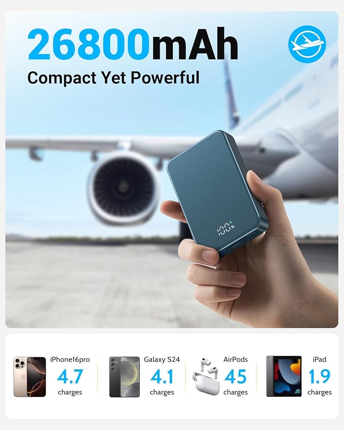 Magnetic Power Bank 26800mAh for Magsafe Portable Charger, Aluminum Alloy Large Capacity 20W USB-C in&Out Wireless Fast Charging for iPhone17Pro Max/16/15/14/13/12 Series, Blue