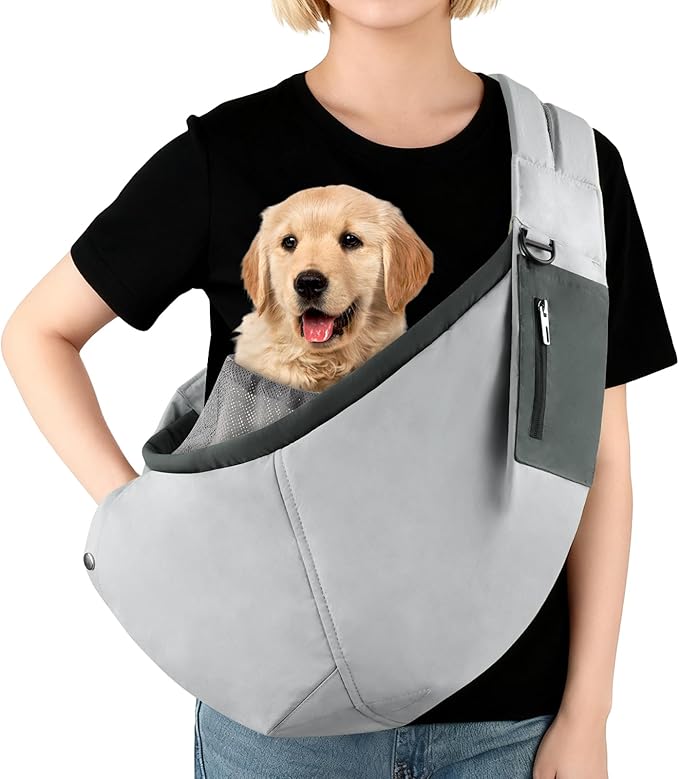 Bartuke Dog Carrier Sling, Hands Free Pet Sling Carriers for Small Dogs and Cats, Thick Padded Shoulder Strap Adjustable Dog Carriers with Storage Pocket, Water-Resistant Puppy Carrier Purse, Grey