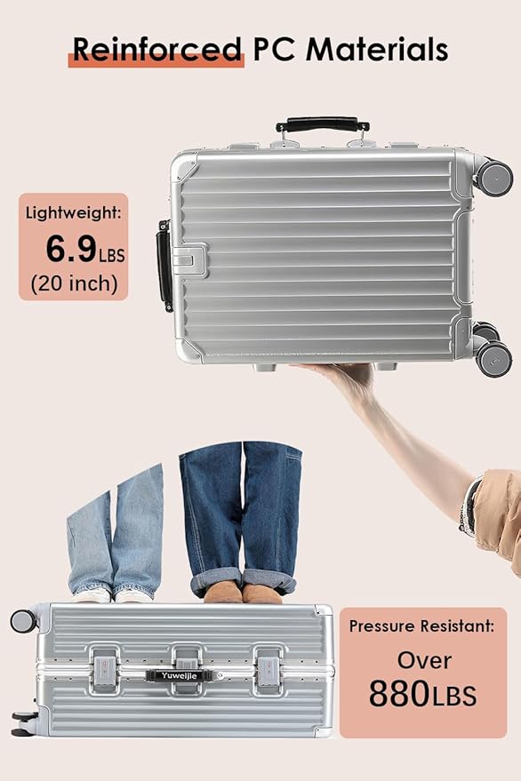 HotWay Carry On Luggage with Leather Handle, PC Zipperless Suitcase with Spinner Wheels and TSA Locks, 22x14x9 Airline Approved Luggage for Travel, Silver, 20 Inch