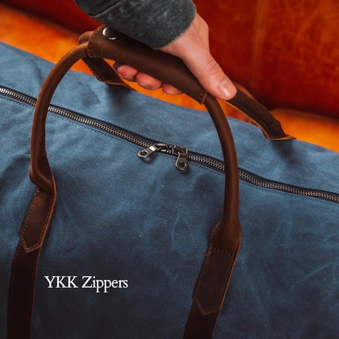 Waxed Canvas Weekender Duffle Bag, Vintage Style Travel Bag with Leather Trim, Army Green (Blue)