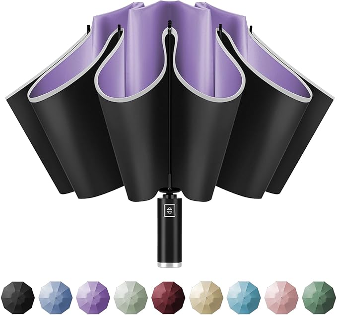 Yoobure Inverted Windproof Travel Umbrella - Automatic Umbrellas for Rain, Compact Folding with Reflective Stripe, Portable Large for Backpack, Lightweight with Sun UV Protection