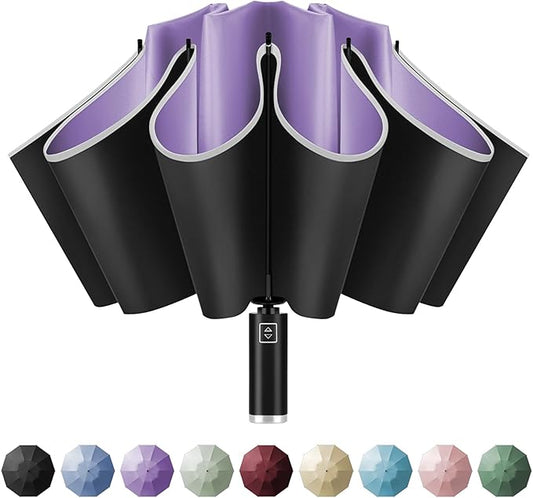 Yoobure Inverted Windproof Travel Umbrella - Automatic Umbrellas for Rain, Compact Folding with Reflective Stripe, Portable Large for Backpack, Lightweight with Sun UV Protection