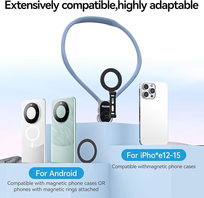 BRDRC Neck Phone Holder Mount, POV/Vlog Magnetic Selfie Tripod for Magsafe iPhone 15 14 13 12 Pro Max Mini Plus Seires, Hand Free Chest Strap Video Recording for Android Galaxy Aceessories(Navy Blue)