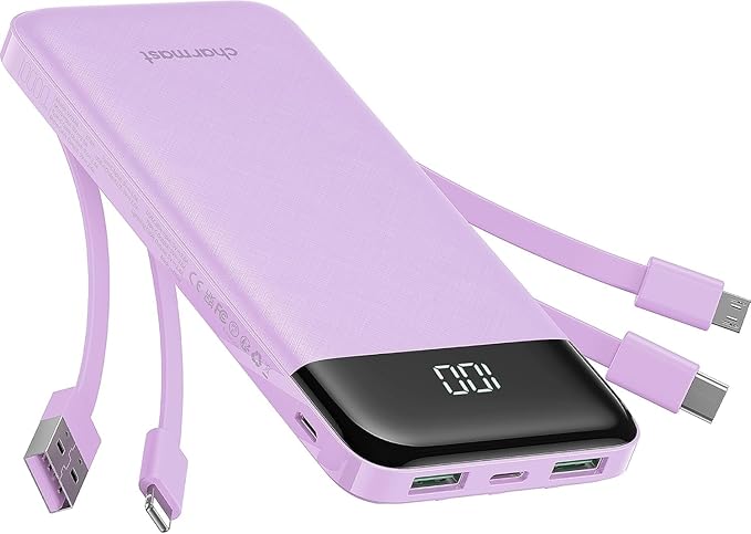 charmast Portable Charger with Built in Cables, Power Bank with Cords Wires, Slim 10000mAh Travel Battery Pack 6 Outputs 3 Inputs 6A Fast Charging for Samsung Google Pixel LG Moto iPhone iPad