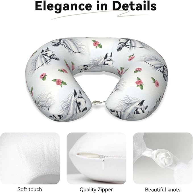 Comfortable Travel Pillow for Pain Relief Sleeping, Memory Foam Airplane Car Neck Pain Pillows Watercolor Painting White Horse, Funny Chin Head Support Cushion