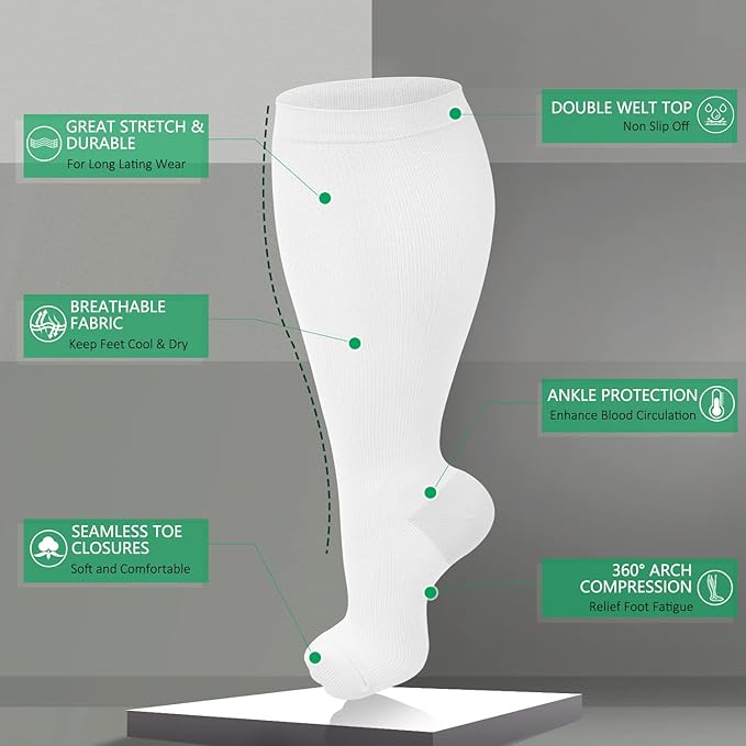 3 Pack Plus Size Compression Socks for Women & Men, Extra Wide Calf Knee High Stockings for Circulation Support