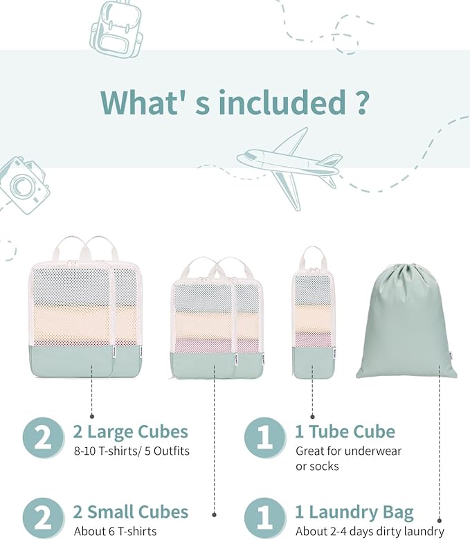 Narwey 6 Set Compression Packing Cubes for Travel Kids Women Carry on, Packing Organizers Bag for Backpack Luggage Suitcase Duffle Bags