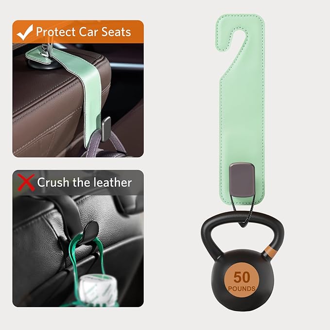 CoBak Headrest Hooks for Car - Universal Premium Stitched Leather and Aluminum-Magnesium Alloy Single Car Seat Back Storage Hook for Purses, Handbags, Bags (2 Pack),Sage Green
