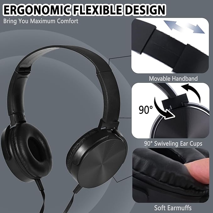24 Pack Classroom Headphones Bulk with Microphone for Kids School Students, Wholesale Durable Wired Headsets Class Set for Children and Adult (24, Black)