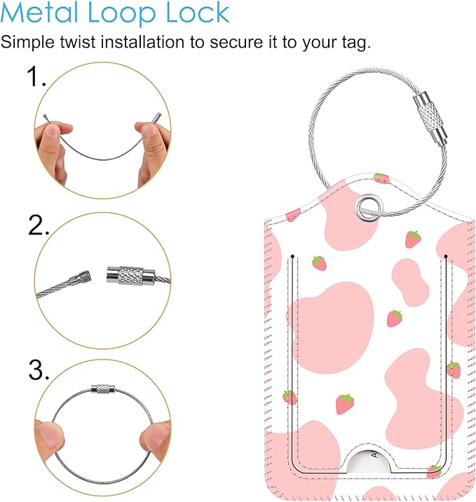 Fintie Luggage Tags, Privacy Cover ID Label with Stainless Steel Loop and Address Card for Travel Bag Suitcase - Strawberry Cow (2 Piece)