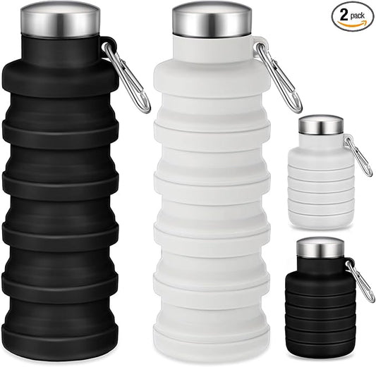 Baderke 2 Pcs Collapsible Water Bottles 17oz Silicone Travel Foldable Portable Water Bottle with Buckle Silicone Lightweight Reusable Leakproof for Camping Hiking Cycling Sport(Black, Gray White)