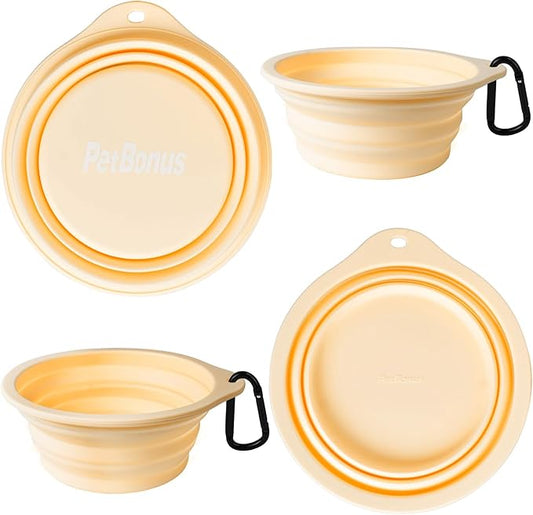 PetBonus 2-Pack Silicone Collapsible Dog Bowls, BPA Free Dishwasher Safe, Portable Foldable Expandable Travel Bowl, Food Water Feeding Cup Dish for Dogs Cats with 2 Carabiners(Light Mint,Beige Cream