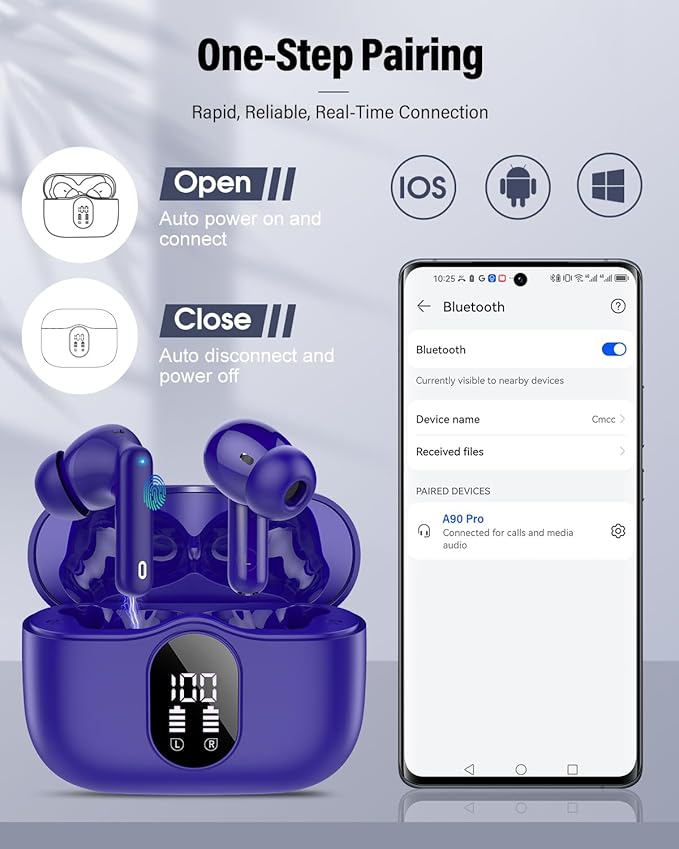 Wireless Earbuds, Bluetooth 5.4 Headphones Bass Stereo, Ear Buds with Noise Cancelling Mic, LED Display in Ear Earphones Clear Calls, IP7 Waterproof Bluetooth Earbuds for Laptop/Phones, Dark Blue