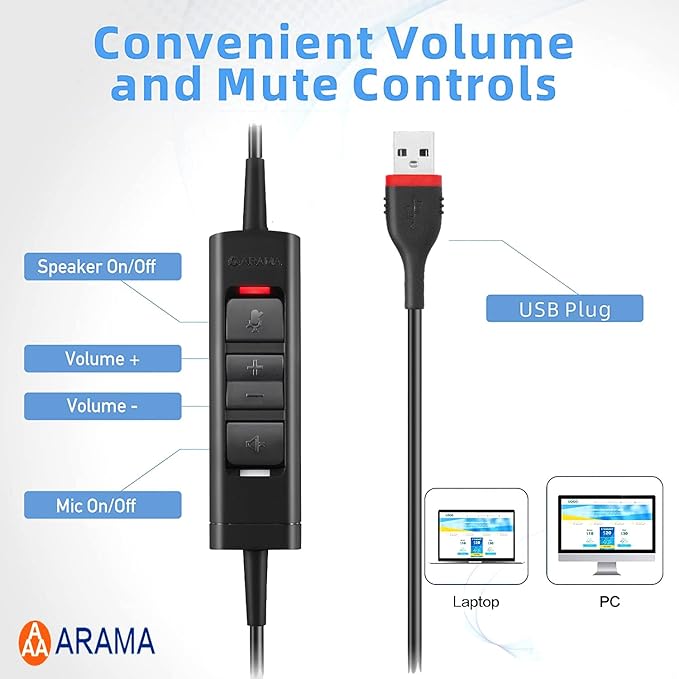 Arama USB Headset with Microphone for PC, Computer Headset, Noise Cancelling Adjustable Volume Control 4.26oz Lightweight 78.74 Inch Long Cord, for Laptop Business Skype UC Webinar Call Center Office