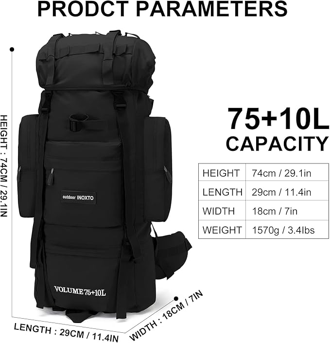 IX INOXTO 85L Lightweight Internal Frame Hiking Backpack for Men Women, Waterproof Travel Camping Backpack with Rain Cover (Black)