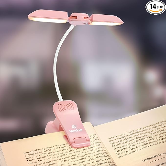 Vekkia 14 LED Rechargeable Book Light for Reading at Night, Eye-Care Reading Light for Books in Bed, 180° Adjustable, Clip on Lamp, 3 Color Temperatures, Lightweight, Present for Reader