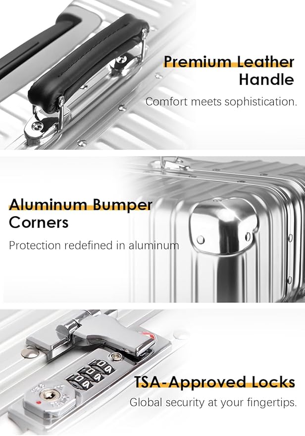 HotWay 28 Inch All Aluminum Checked in Luggage with Leather Handle, Hard Shell Zipperless Suitcase with TSA Locks and Spinner Wheels, Large Luggage for Business Travel, Gold