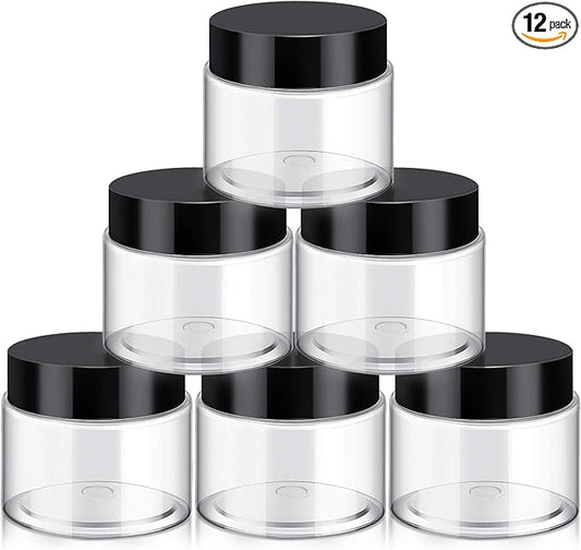 12 Pack 7 oz Plastic Container Jars with Lids Round Clear Travel Cosmetic Container Jars for Toiletries, Lotion, Cream, Ointments, Makeup, Rhinestone, Samples, Kitchen Storage (Black)