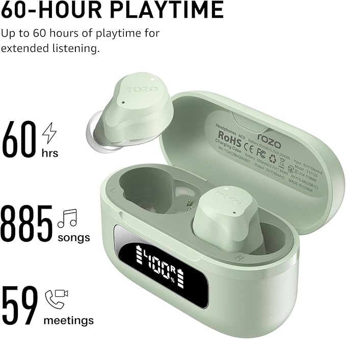 TOZO NC9 Hybrid Active Noise Cancelling Wireless Earbuds, 6 Mics ENC Clear Call, IPX8 Waterproof, in Ear Bluetooth 5.3 Headphones Stereo Bass Ear Buds 60H Playtime with LED Display 32 EQs via APP