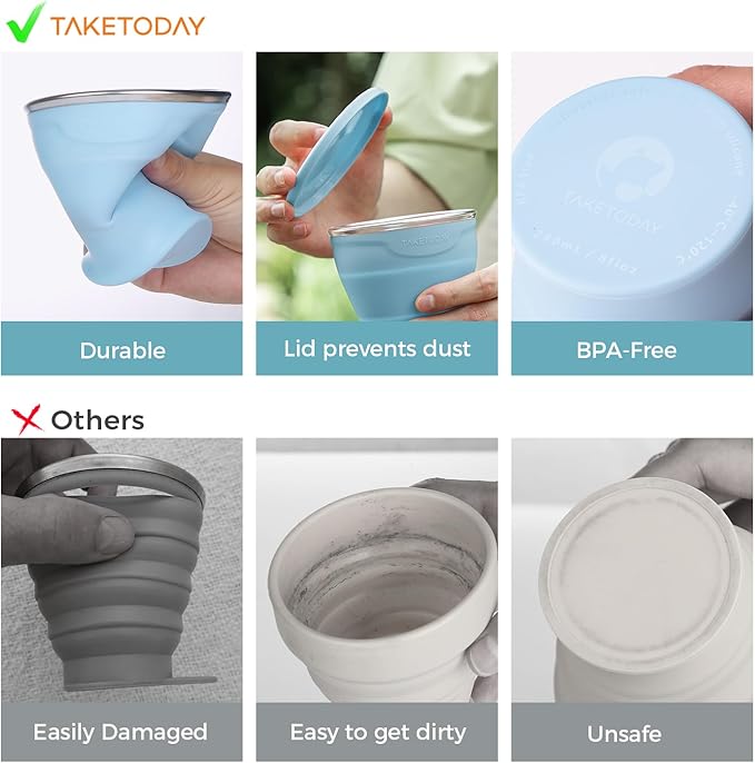 TakeToday Collapsible Travel Cup - Silicone Foldable Water Cup, BPA-Free with Lid & Waterproof Bag - Drinking Cup Set for Office, Camping & International Travel（8 Oz, Blue）