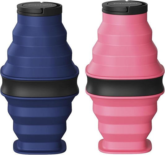 2pcs Collapsible Water Bottles,600ml Foldable Water Bottle BPA Free Reusable Lightweight LeakProof Silicone Bottle for Travel Hiking Camping Sports,Collapses to 1.5” with Anti-Collapse Ring