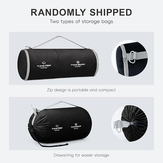 Travel Pillow and Blanket Set Neck Pillows Travel Essentials with Sleep Mask for Airplane Car Memory Foam Black