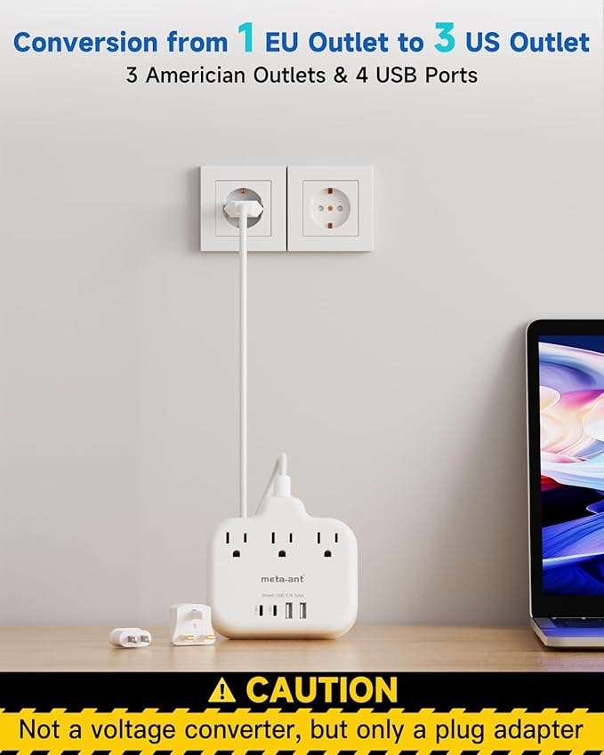 European Travel Plug Adapter, International Power Adapter, US to UK Europe Power Strip for EU/UK/US with 3 AC Outlets & 4 USB(2 USBC), 5ft Extension Cord, Type C for EU UK Europe Germany France, White