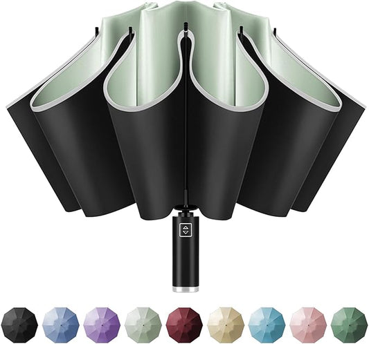 Yoobure Inverted Windproof Travel Umbrella - Automatic Umbrellas for Rain, Compact Folding with Reflective Stripe, Portable Large for Backpack, Lightweight with Sun UV Protection