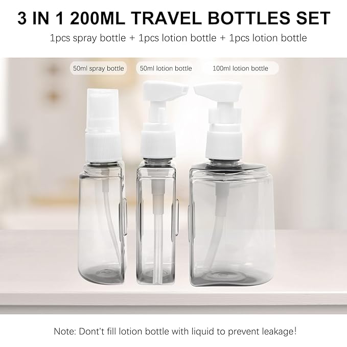 Skycase Travel Bottles - Leak Proof Refillable Tsa Approved Travel Size Toiletries, 3 in 1 Liquid Bottles Containers with Labels and Funnel Airplane Accessories Kits for Lotion Liquid (Grey)