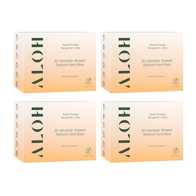 ALŌH Skin - Softening Sanitizing Hand Wipes – Sweet Orange Bergamot - 4 Boxes of 20 Individually Wrapped Wipes (80 wipes)