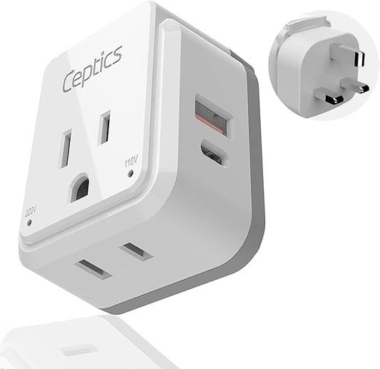 Ceptics UK, Ireland Power Adapter Travel, Safe Dual USB & USB-C 3.1A - 2 USA Socket - Compact & Powerful - Use in Hong Kong, England, Dubai, Saudi Arabia - Includes Type G Swadapt Attachments