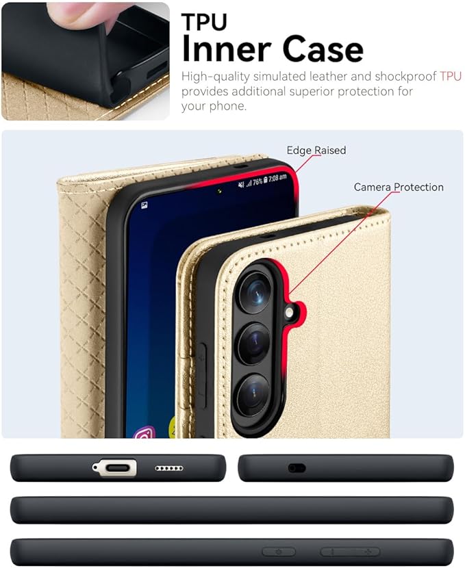 OCASE Compatible with Galaxy S25 Wallet Case, PU Leather Flip Folio Case with Card Holders RFID Blocking Kickstand [Shockproof TPU Inner Shell] Protective Phone Cover 6.2 Inch 2025, Gold