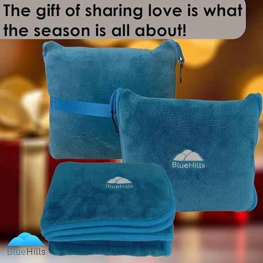 BlueHills Premium Soft Travel Blanket Pillow Airplane Blanket in Soft Bag case with Hand Luggage Belt and Carabiner Compact Pack Large Cozy Plane Car Train Teal Blue T022