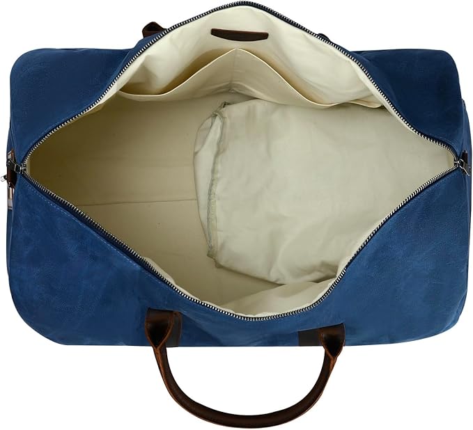 Waxed Canvas Weekender Duffle Bag, Vintage Style Travel Bag with Leather Trim, Army Green (Blue)