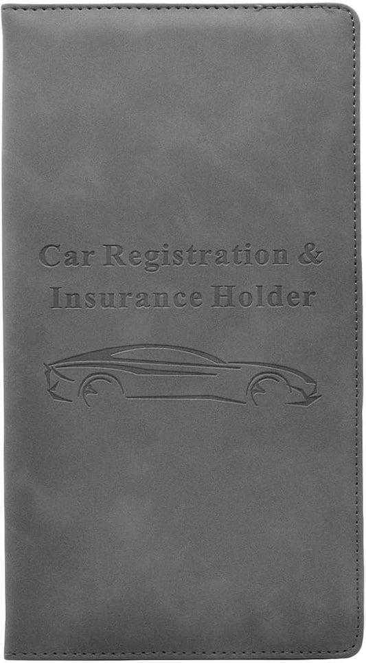 Car Registration and Insurance Card Holder - Vehicle Glove Box Document Organizer - Premium PU Leather Wallet Case - Driver License - Gray
