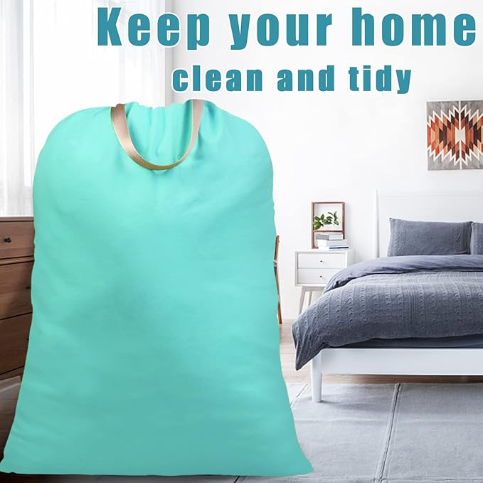 LOLOMLO Extra Large Canvas Laundry Bags with Handles & Drawstring Closure, Heavy Duty Tears Resistant Clothes Storage Travel Bags,25.5"x34",Lake Blue