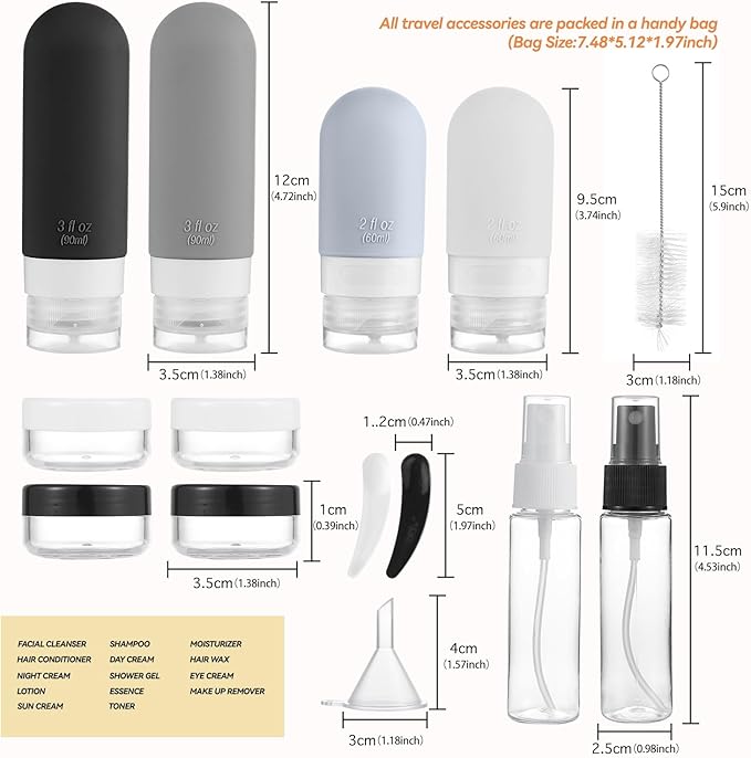 16 Pack Travel Bottles Set - TSA Approved Leak Proof Silicone Squeezable Containers for Toiletries, Conditioner, Shampoo, Lotion & Body Wash Accessories (Black)