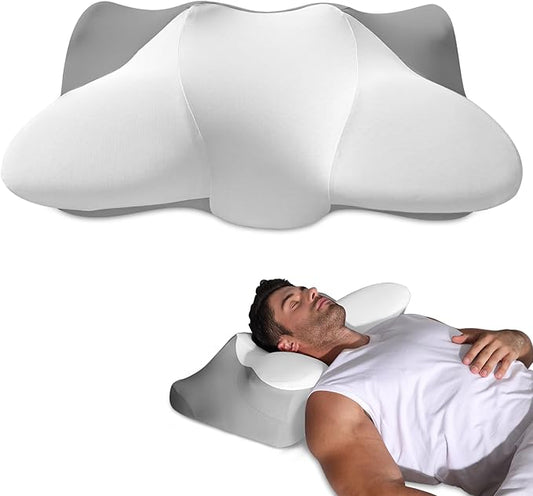 Dual-Height Cervical Neck Pillow for Pain Relief, Memory Foam Pillows with Cooling Tech -3D Ergonomic Support, Cooling Cover, for Side/Back/Stomach Sleeper Pillow, Minimalist Style - Gray,White