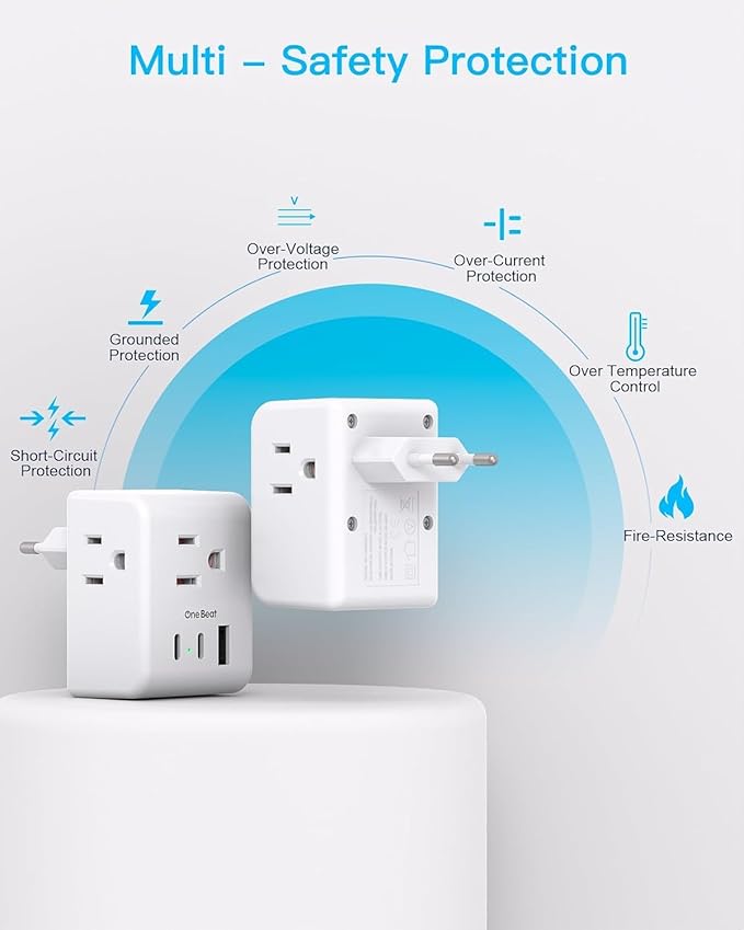 3 Pack European Travel Plug Adapter, One Beat International Power Plug Adapter with 3 Outlets 3 USB Ports(2 USB C), Type C Adapter Travel Essentials for US to Most Europe EU Italy France Germany Spain
