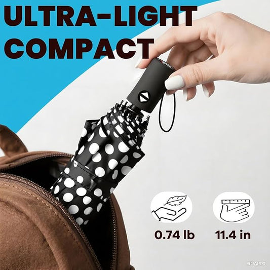 SIEPASA Windproof Travel Compact Umbrella-Automatic Umbrellas for Rain- Folding Umbrella, Travel Compact Umbrella.(Black Polka Dots)