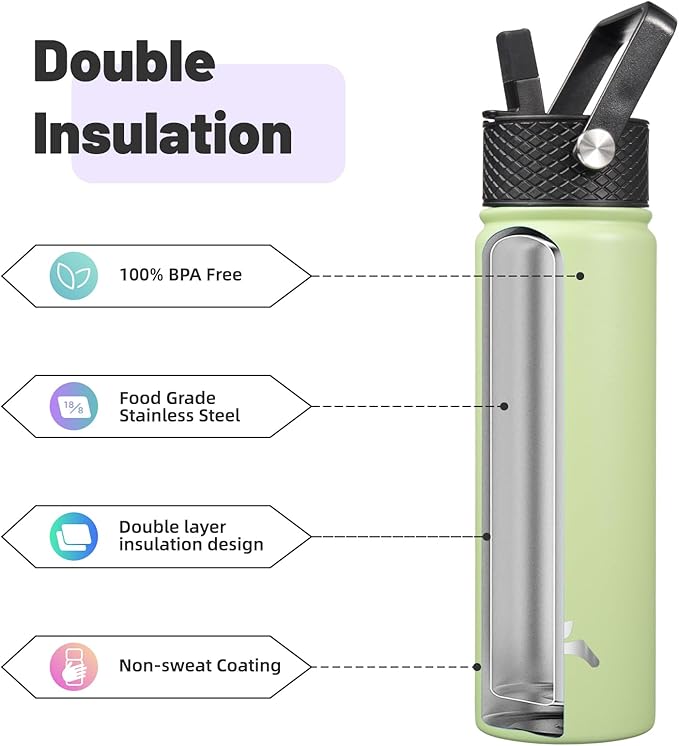 22oz Stainless Steel Bottles with 3 Lids Sport Insulated Water Bottle,Macaron Green