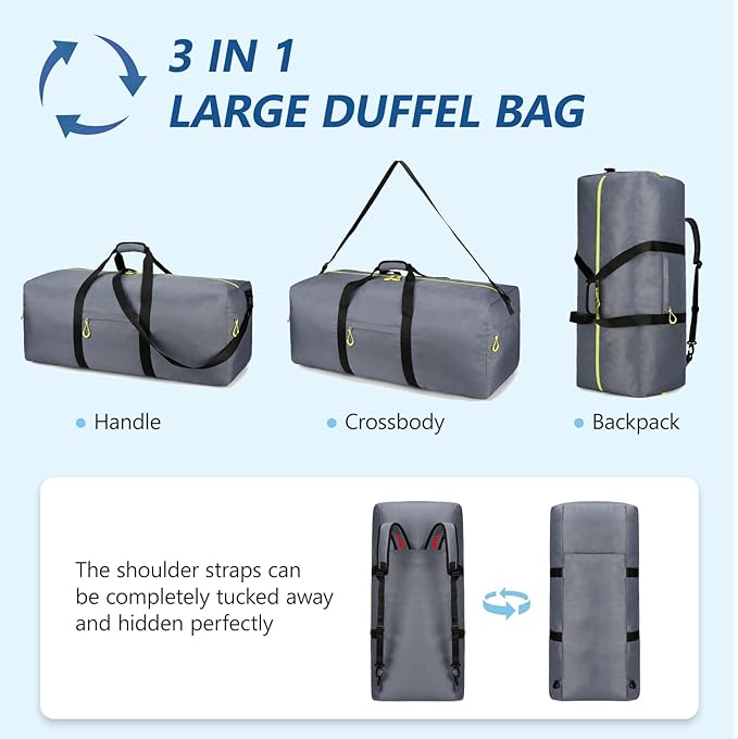 100L Extra Large Duffle Bag Lightweight, Travel Duffel Bag Foldable for Men Women, Water-Resistant & Durable, Grey