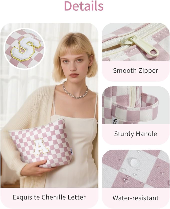 Narwey 2 Piece Personalized Initial Makeup Bag Checkered Cosmetic Bags, 6 8 10 11 12 13 14 16 18 Years Old Teen Girl Gifts Trendy Stuff Birthday Gifts for Women, Travel Toiletry Bag (Pink Letter A)